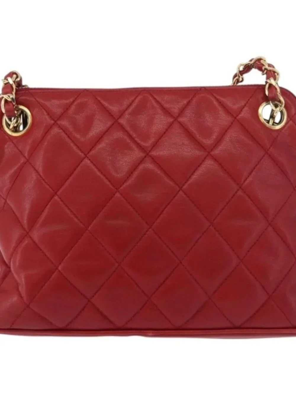 CHANEL Matelasse Chain Shoulder Bag Lamb Skin Red Gold CC Auth 176873